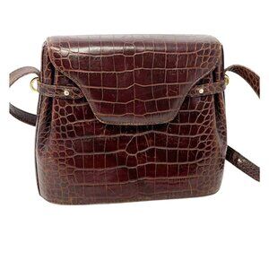 Bally Womens Brown Croc Embossed Leather Inner Pockets Crossbody Bag Purse.